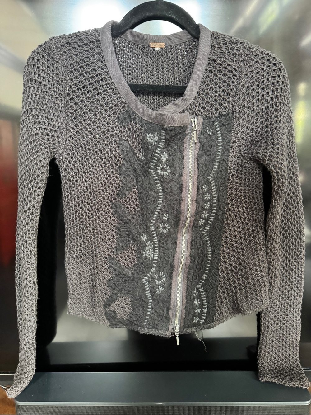 Free People Charcoal Crochet Zip-Front Cardigan with Lace Panel